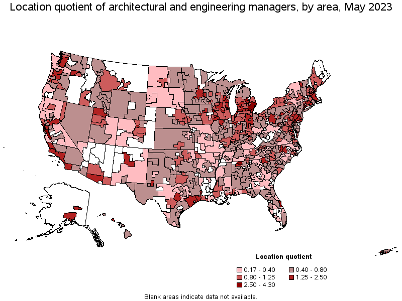 Map of location quotient of architectural and engineering managers by area, May 2022