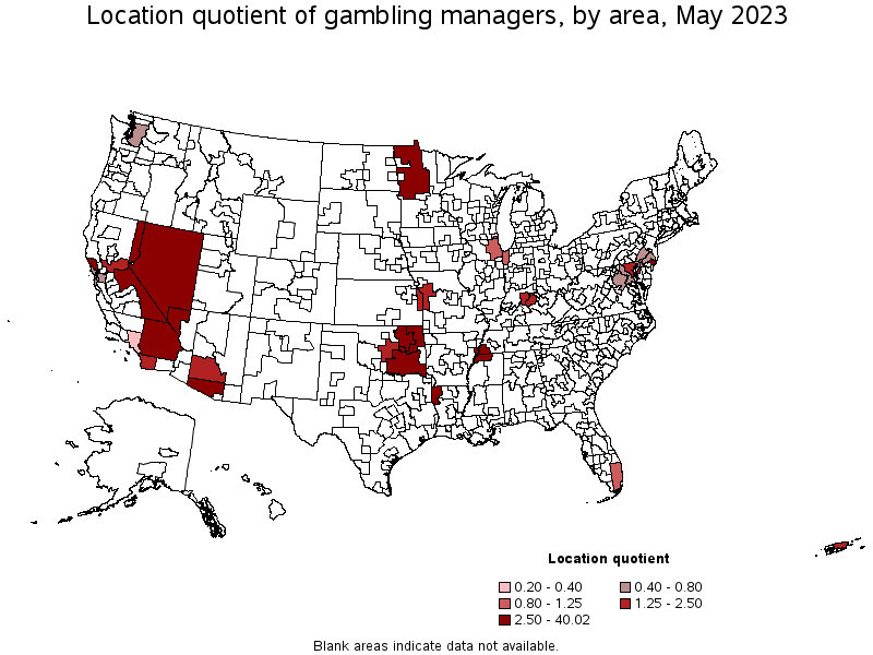 Map of location quotient of gambling managers by area, May 2021