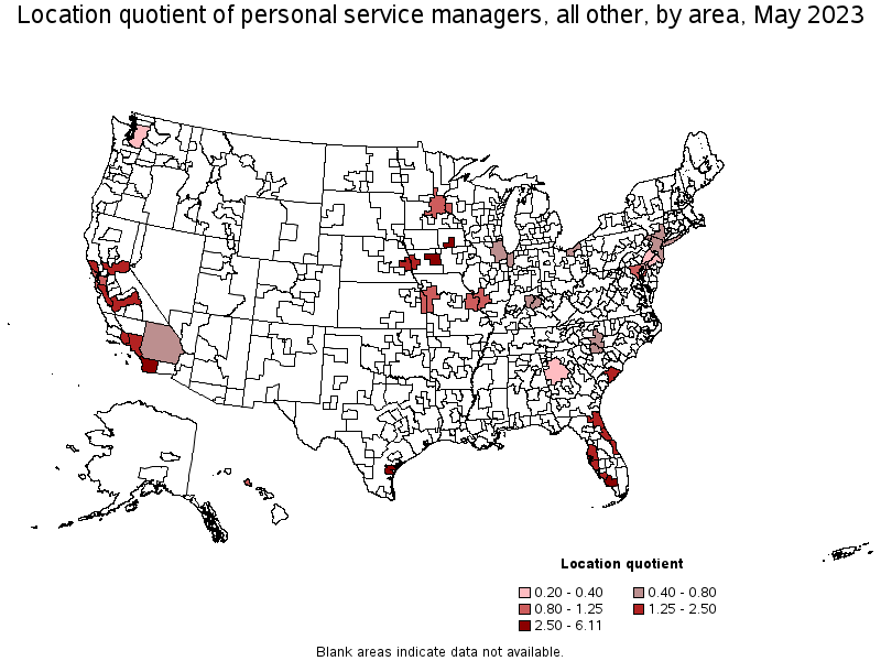 Map of location quotient of personal service managers, all other by area, May 2021