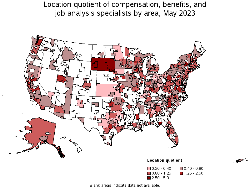 Map of location quotient of compensation, benefits, and job analysis specialists by area, May 2022