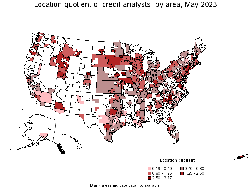 Map of location quotient of credit analysts by area, May 2022