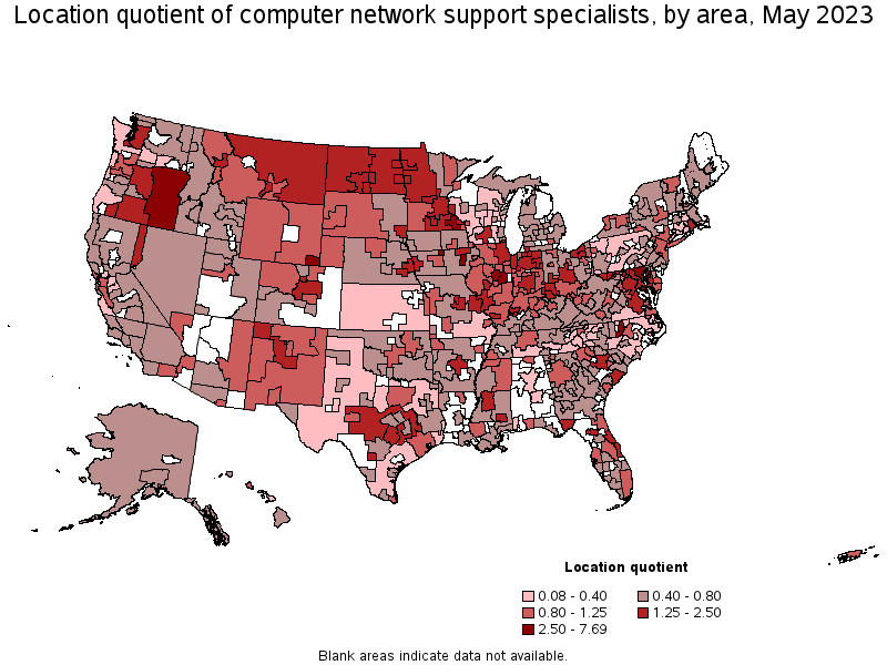Map of location quotient of computer network support specialists by area, May 2021