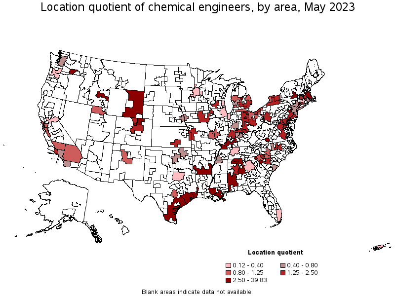 Map of location quotient of chemical engineers by area, May 2022