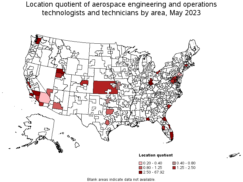 Map of location quotient of aerospace engineering and operations technologists and technicians by area, May 2021