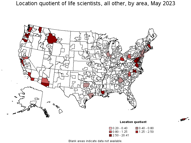 Map of location quotient of life scientists, all other by area, May 2022