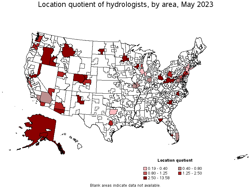 Map of location quotient of hydrologists by area, May 2022