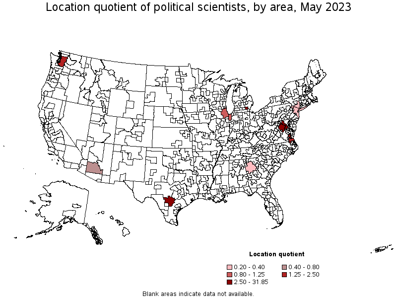 Map of location quotient of political scientists by area, May 2021