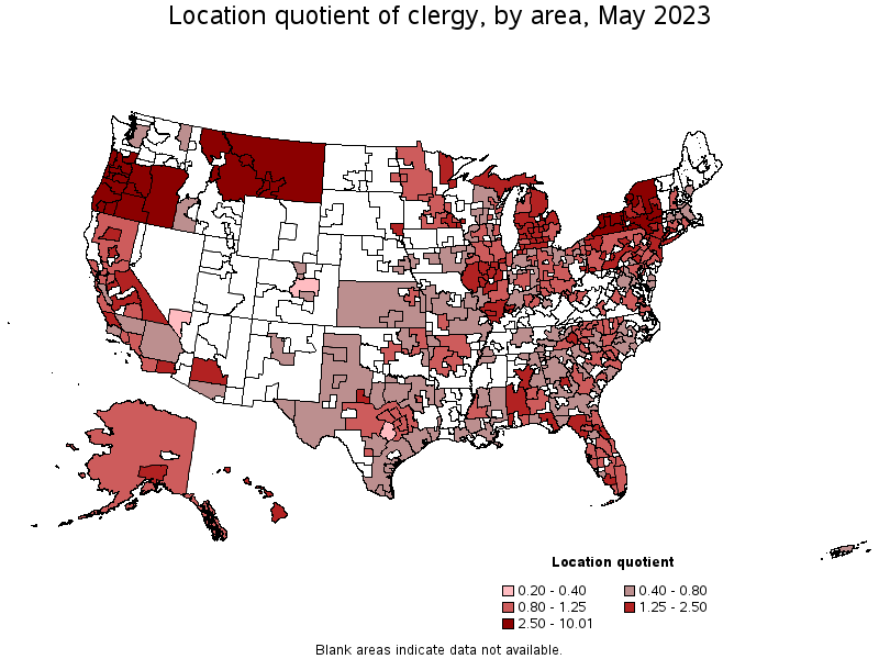 Map of location quotient of clergy by area, May 2022