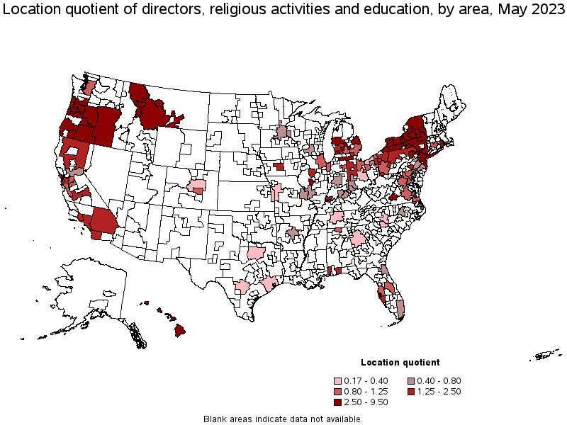 Map of location quotient of directors, religious activities and education by area, May 2021