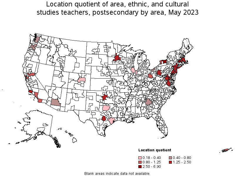 Map of location quotient of area, ethnic, and cultural studies teachers, postsecondary by area, May 2021