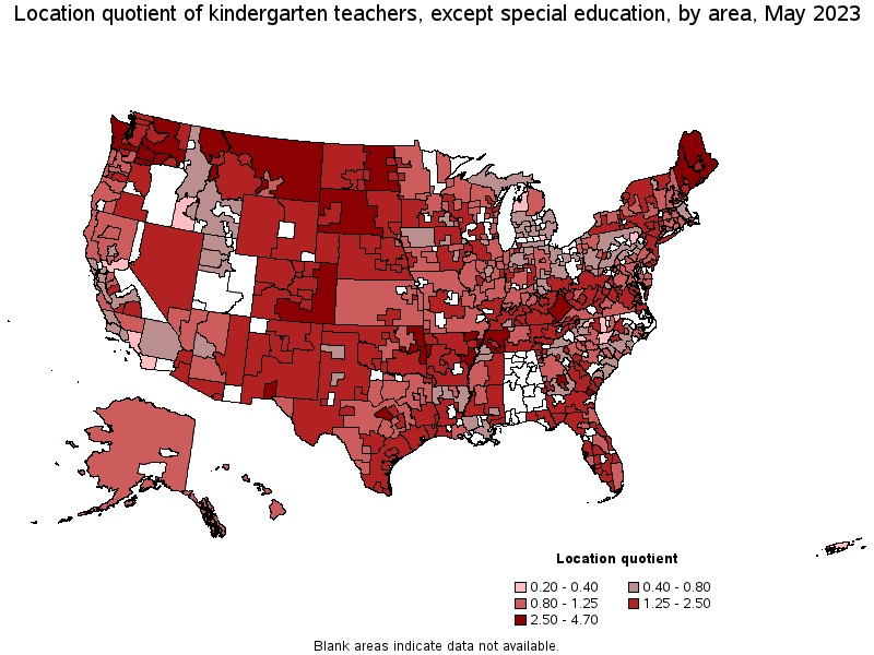 Map of location quotient of kindergarten teachers, except special education by area, May 2022