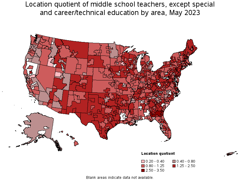 Map of location quotient of middle school teachers, except special and career/technical education by area, May 2021