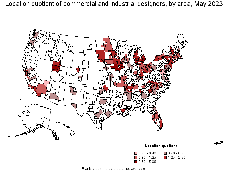 Map of location quotient of commercial and industrial designers by area, May 2021