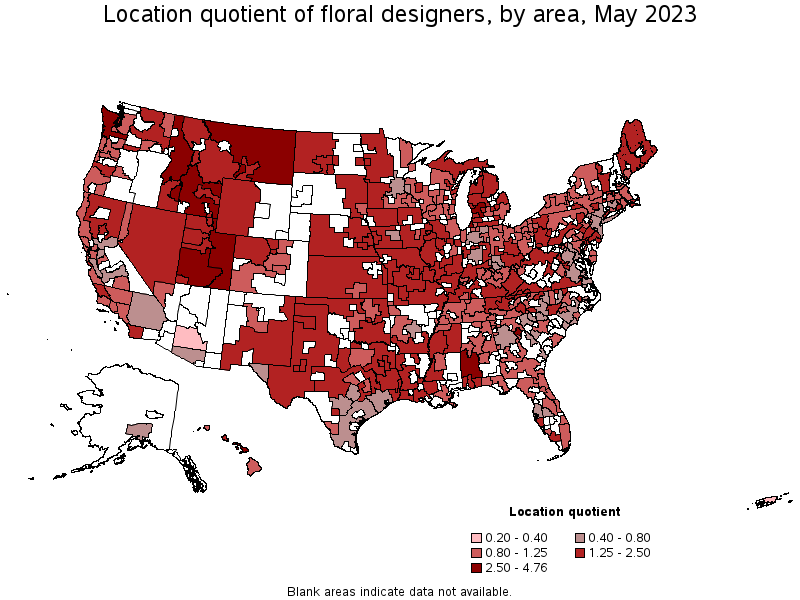 Map of location quotient of floral designers by area, May 2021