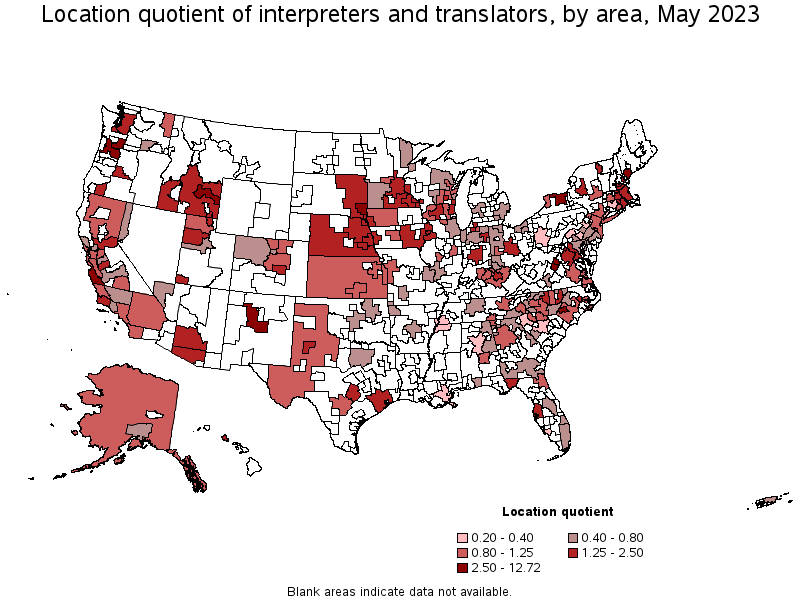 Map of location quotient of interpreters and translators by area, May 2022