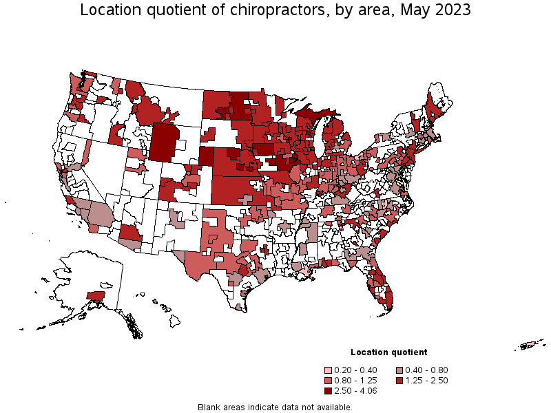 Map of location quotient of chiropractors by area, May 2022