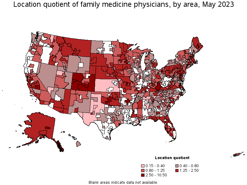 Map of location quotient of family medicine physicians by area, May 2022