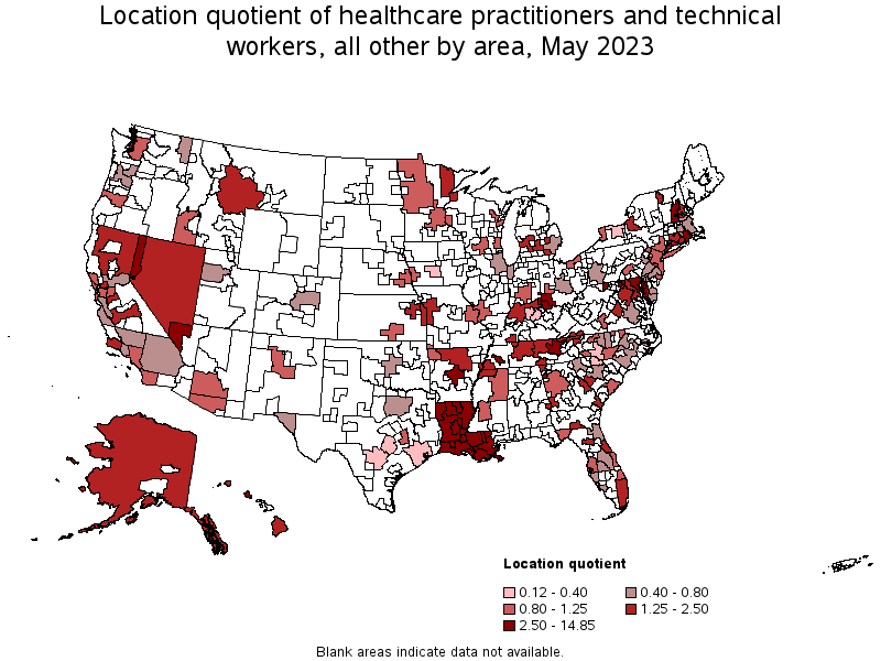 Map of location quotient of healthcare practitioners and technical workers, all other by area, May 2022