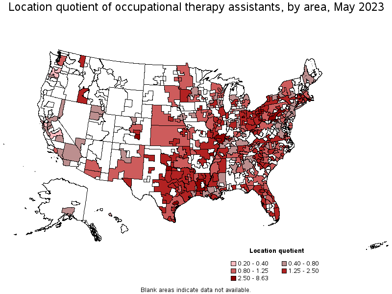 Map of location quotient of occupational therapy assistants by area, May 2021