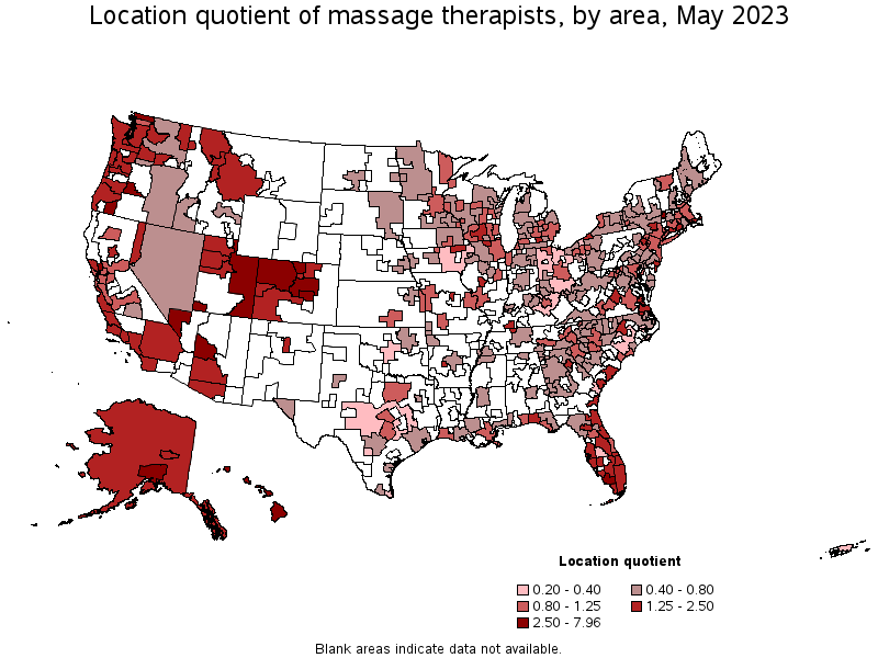 Map of location quotient of massage therapists by area, May 2022