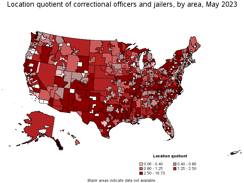 Map of location quotient of correctional officers and jailers by area, May 2021