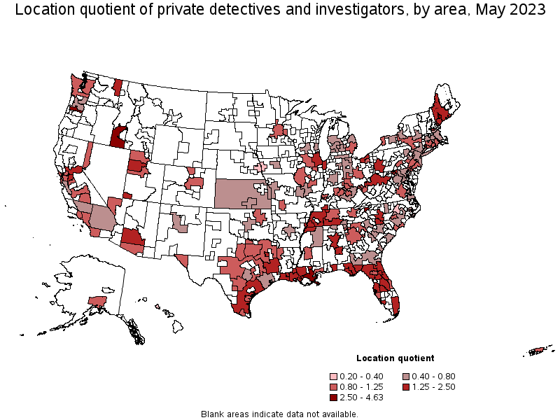 Map of location quotient of private detectives and investigators by area, May 2021