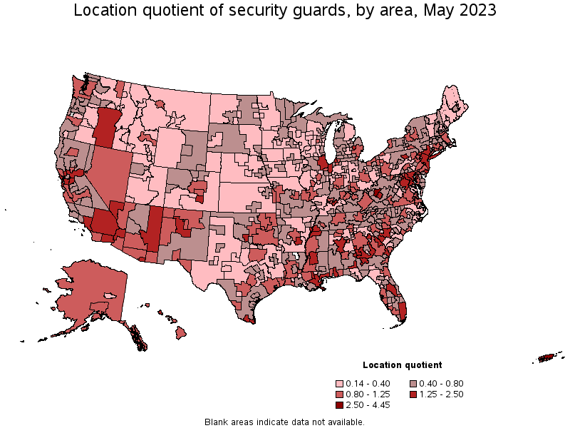 Map of location quotient of security guards by area, May 2022