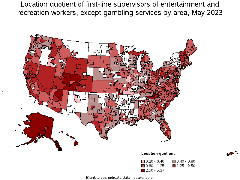 Map of location quotient of first-line supervisors of entertainment and recreation workers, except gambling services by area, May 2021