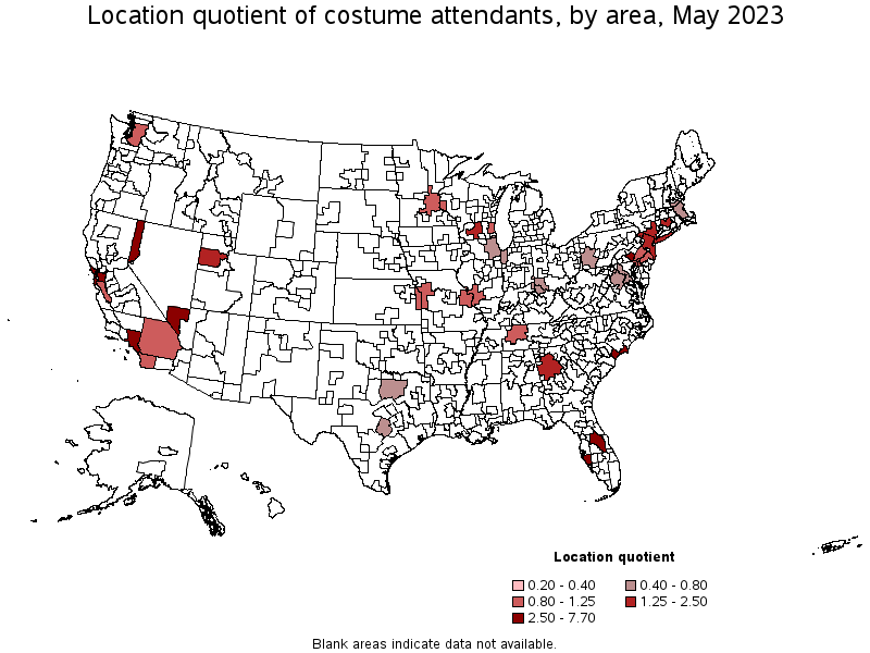 Map of location quotient of costume attendants by area, May 2022