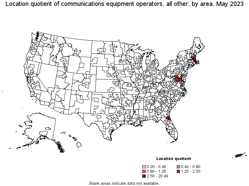 Map of location quotient of communications equipment operators, all other by area, May 2022