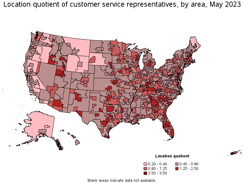 Map of location quotient of customer service representatives by area, May 2021