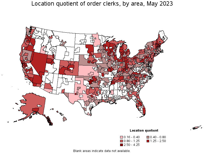 Map of location quotient of order clerks by area, May 2021