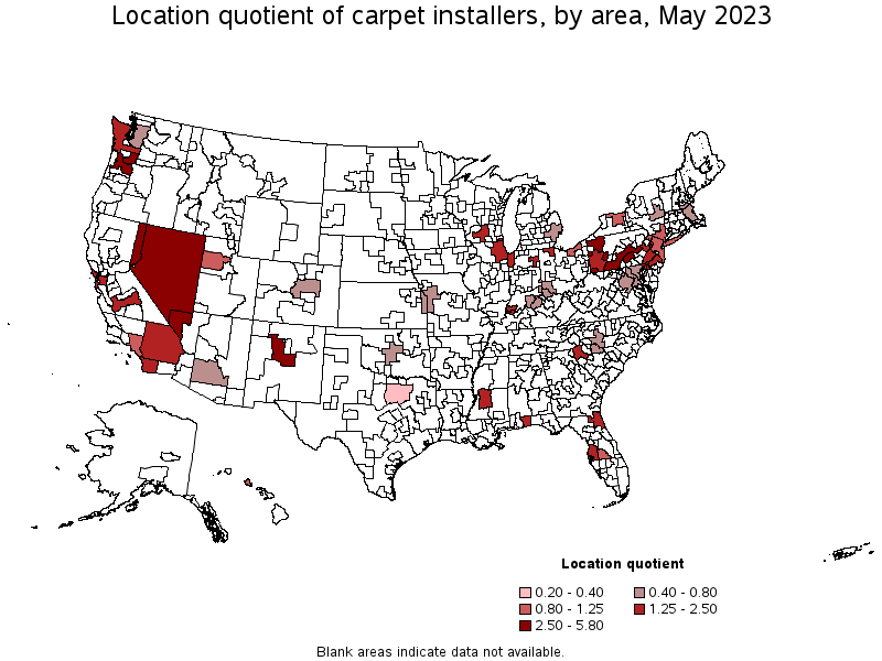 Map of location quotient of carpet installers by area, May 2022