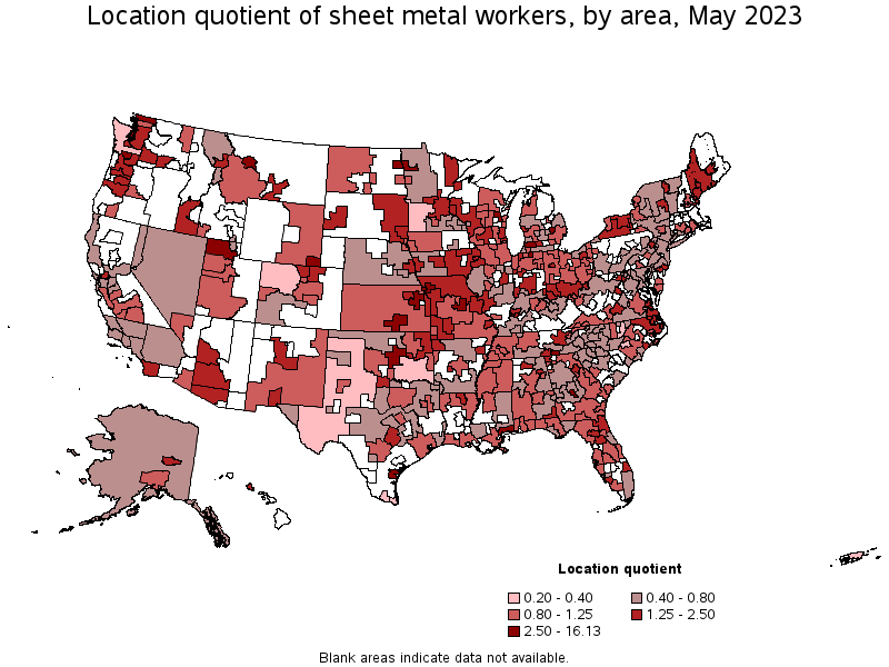 Map of location quotient of sheet metal workers by area, May 2022