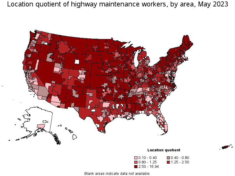 Map of location quotient of highway maintenance workers by area, May 2022
