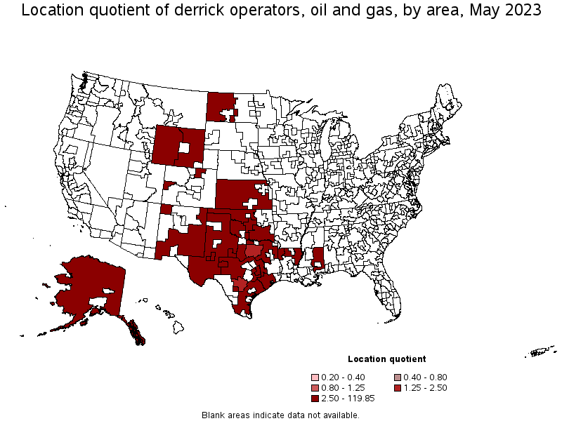 Map of location quotient of derrick operators, oil and gas by area, May 2021