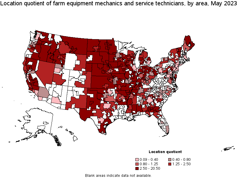 Map of location quotient of farm equipment mechanics and service technicians by area, May 2021