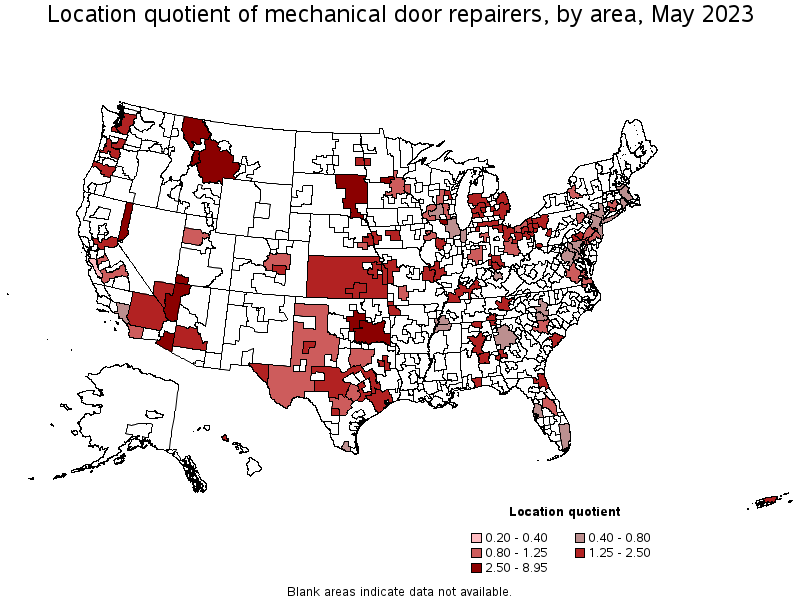 Map of location quotient of mechanical door repairers by area, May 2021