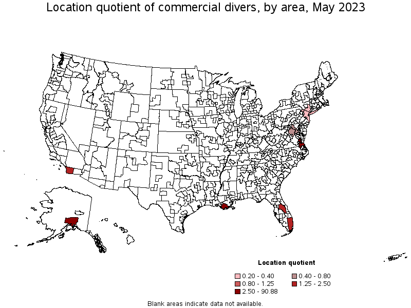 Map of location quotient of commercial divers by area, May 2022
