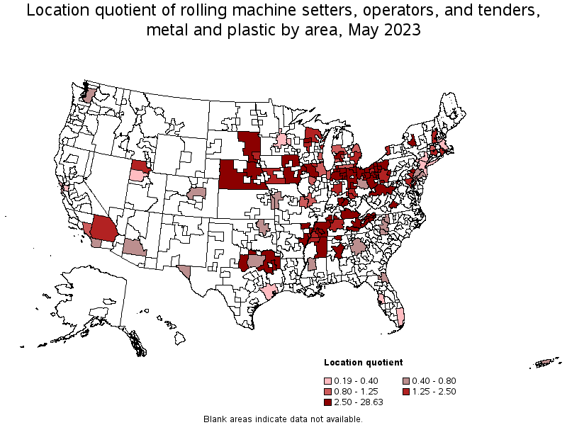 Map of location quotient of rolling machine setters, operators, and tenders, metal and plastic by area, May 2021