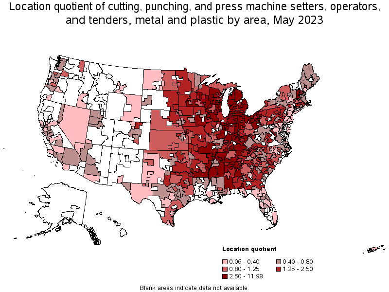 Map of location quotient of cutting, punching, and press machine setters, operators, and tenders, metal and plastic by area, May 2022