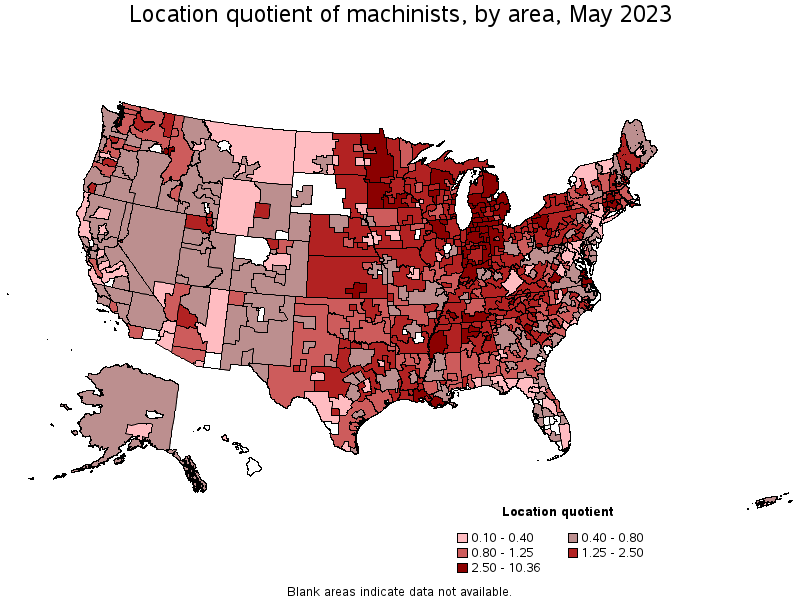 Map of location quotient of machinists by area, May 2022
