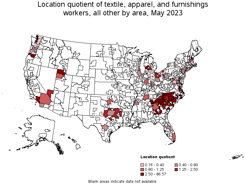 Map of location quotient of textile, apparel, and furnishings workers, all other by area, May 2022
