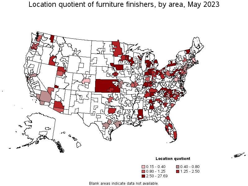 Map of location quotient of furniture finishers by area, May 2022