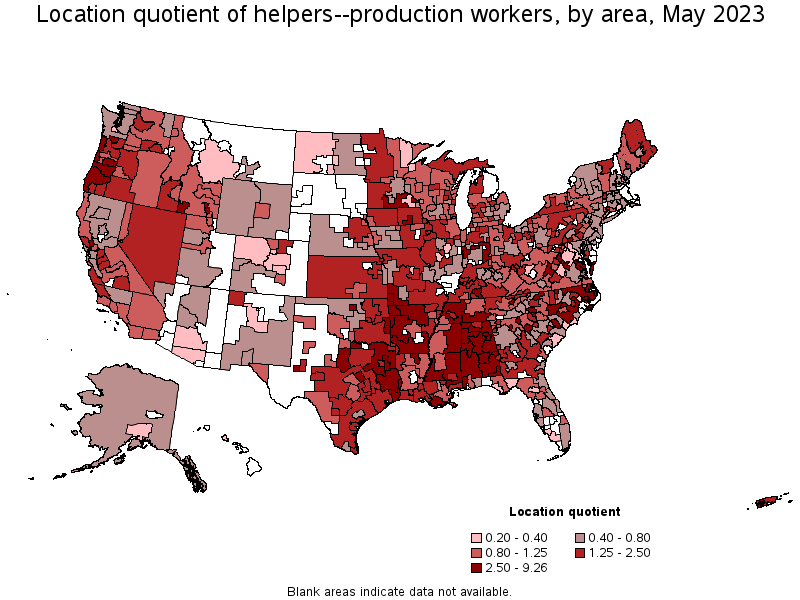 Map of location quotient of helpers--production workers by area, May 2022