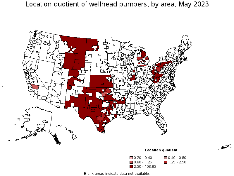 Map of location quotient of wellhead pumpers by area, May 2022