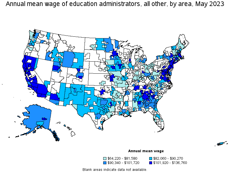 Map of annual mean wages of education administrators, all other by area, May 2022