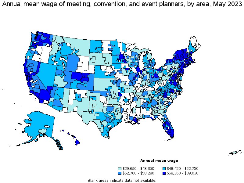 Map of annual mean wages of meeting, convention, and event planners by area, May 2023