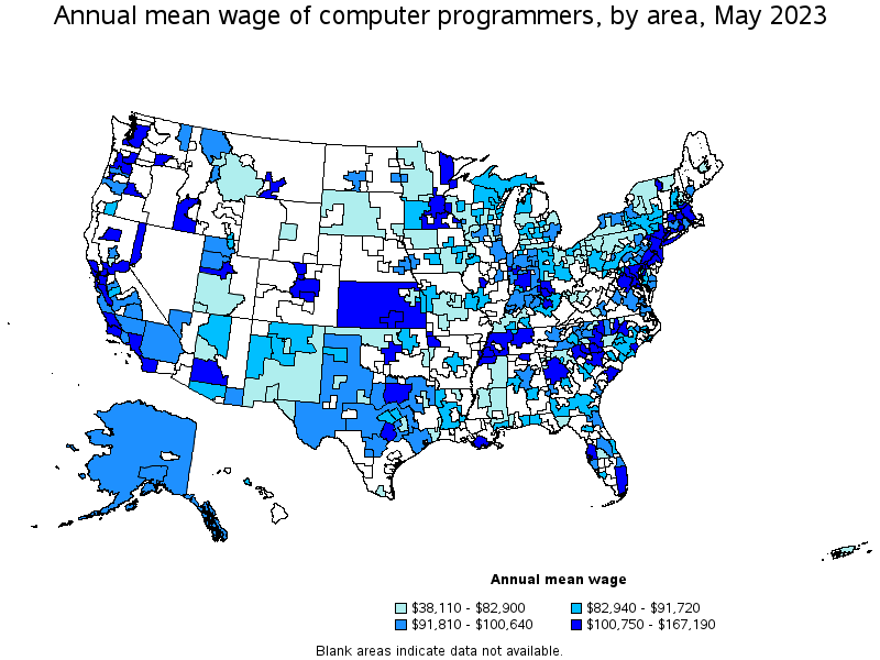 Map of annual mean wages of computer programmers by area, May 2022