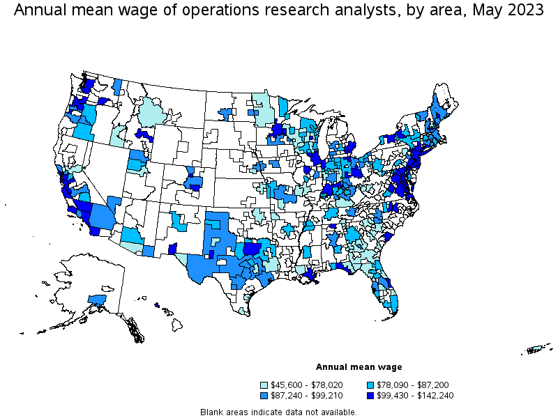 Map of annual mean wages of operations research analysts by area, May 2021